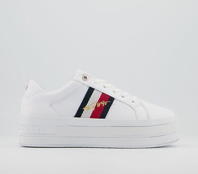 Tommy Hilfiger Signature Flatform Cupsole Trainers White Red Blue Gold Metallic